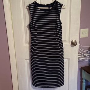 Lands’ End Navy/white striped 38” length dress with pockets